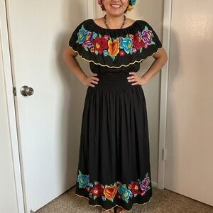 Mexican Off The Shoulder Embroidered Maxi Dress Black Floral Smocked Waist